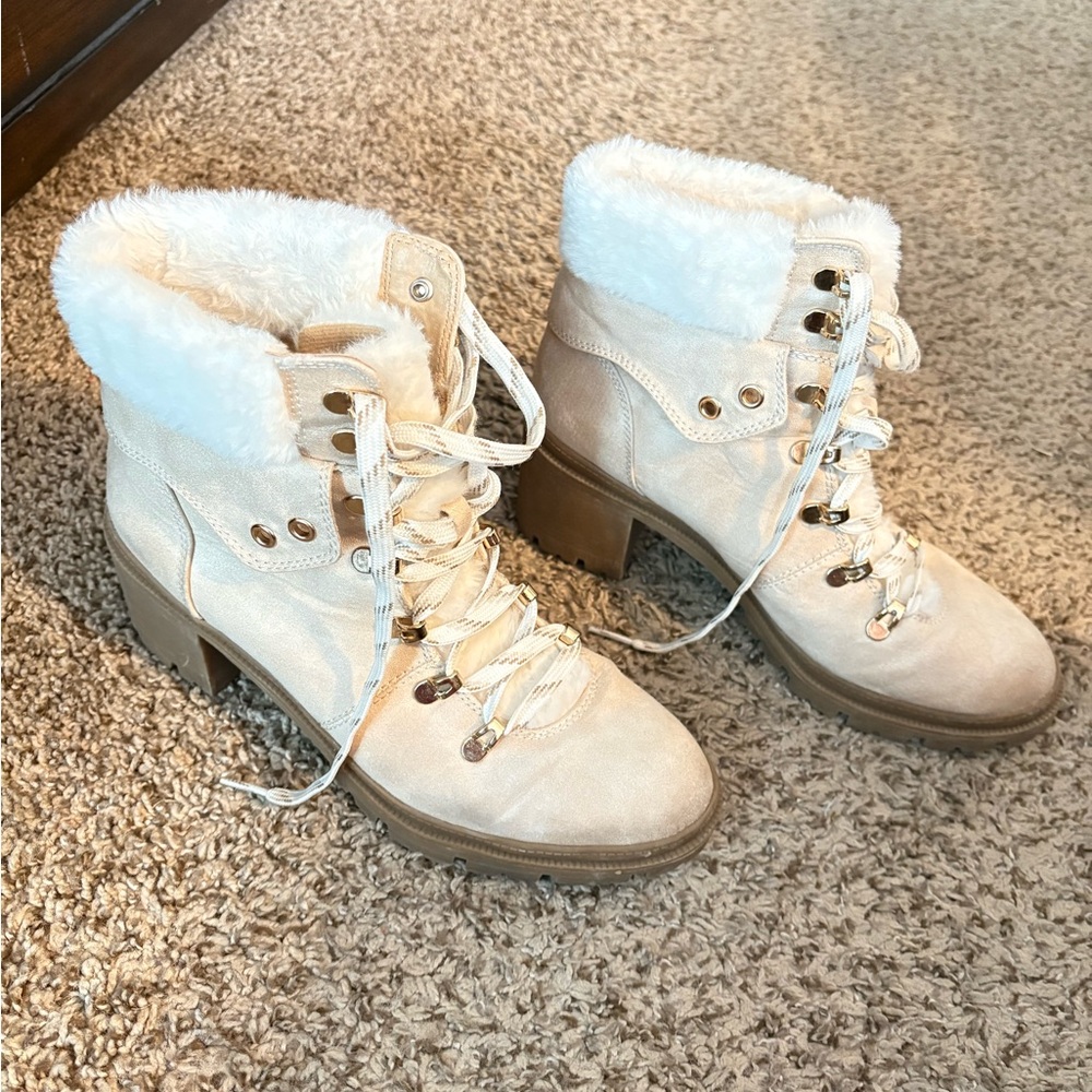 Jellypop Cream Heeled Boots with Lace-Up Design and Cozy Material